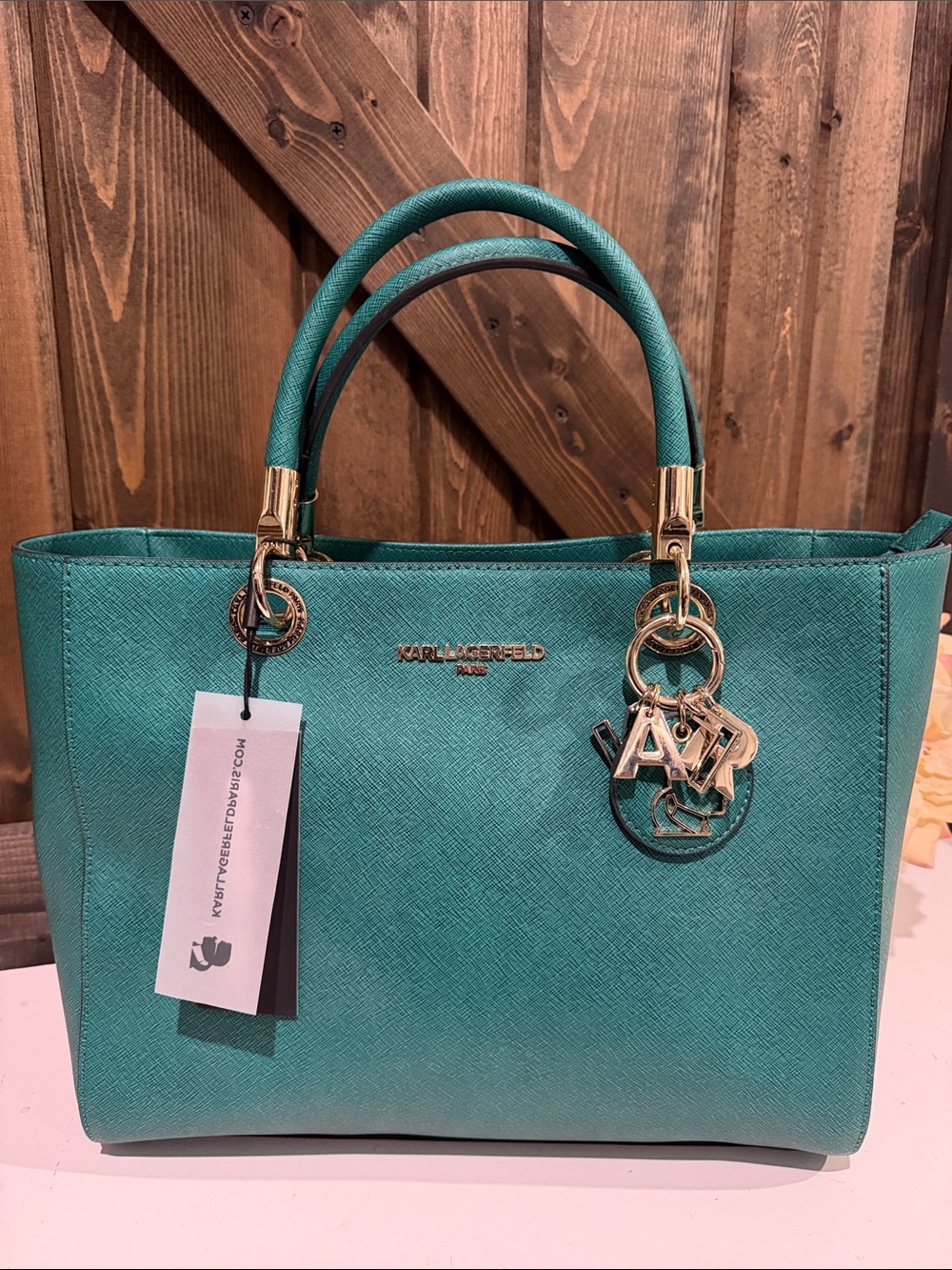 Karl Lagerfeld Teal Textured Leather Tote with Gold Hardware
